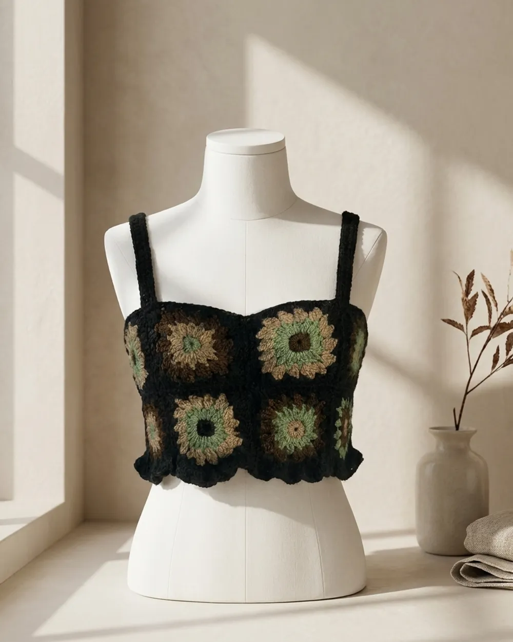 Top de crochet de cuadros granny con flores sobre fondo negro
