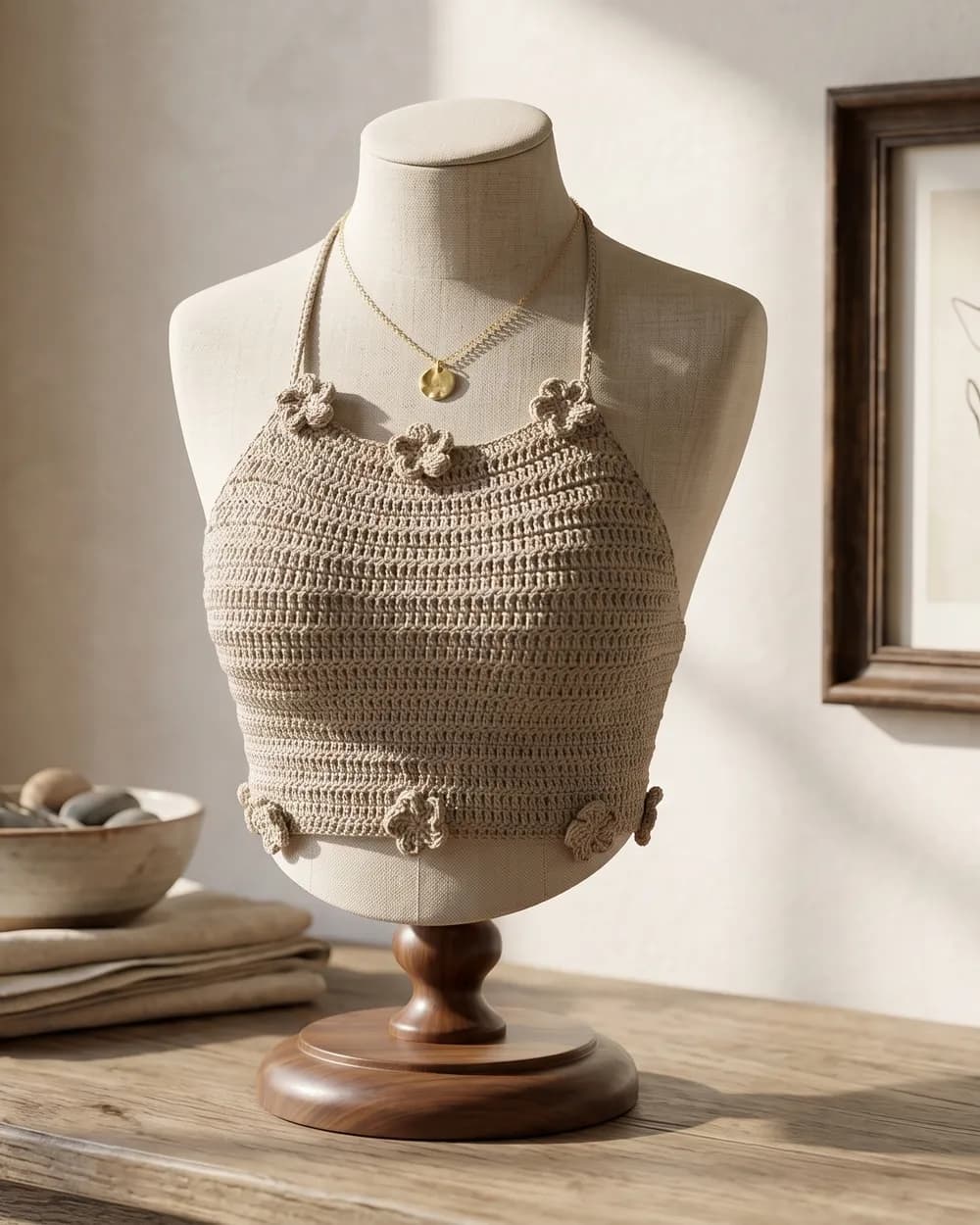 Top halter de crochet en algodón crudo con margaritas tejidas